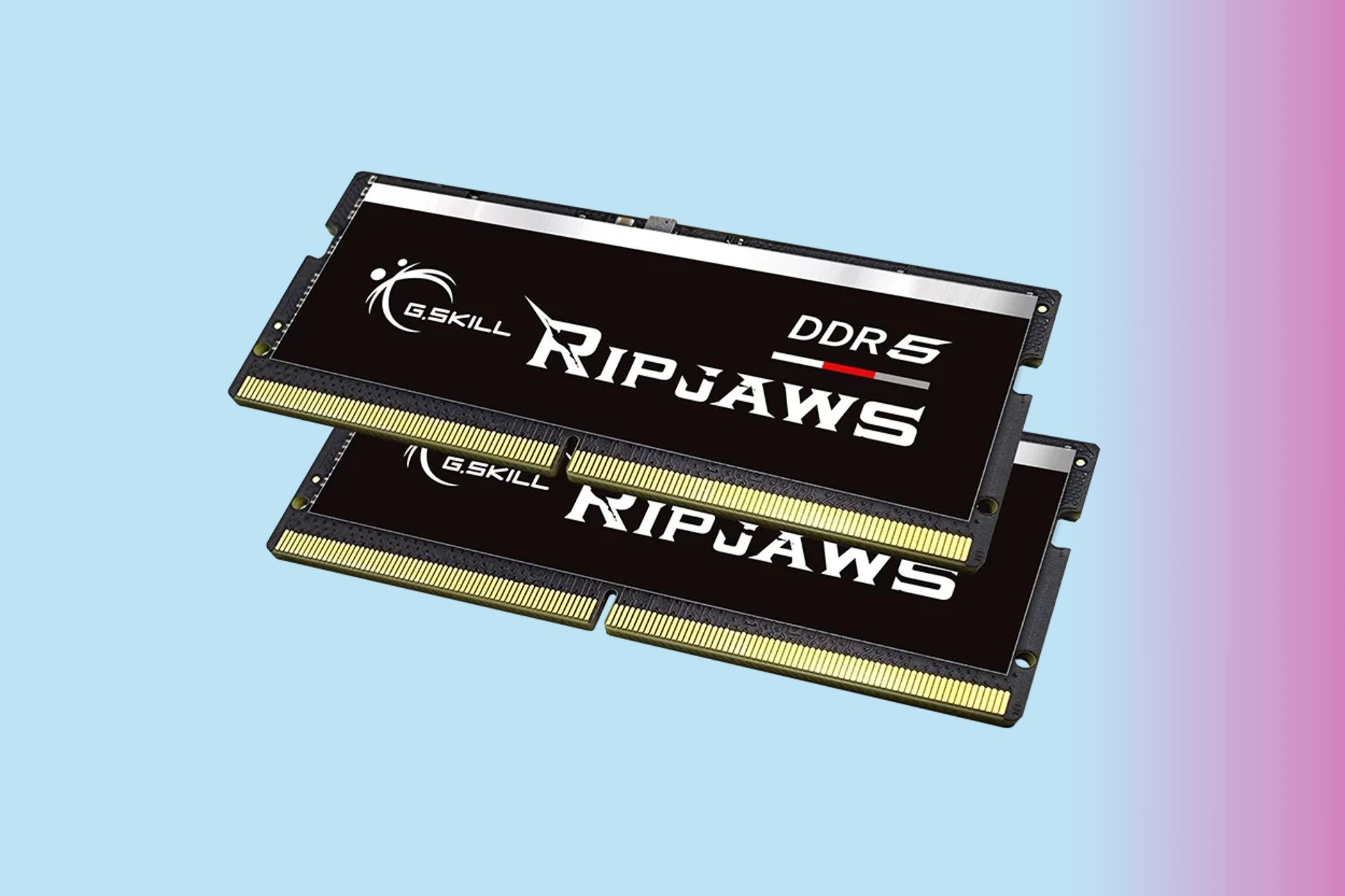 The G.SKILL Ripjaws DDR5 SO-DIMM on a blue background.