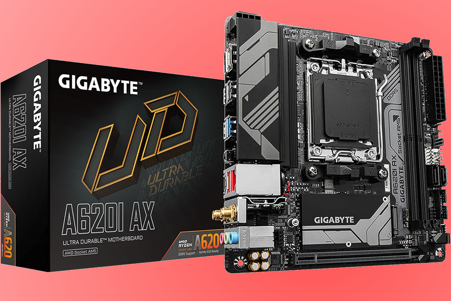 GIGABYTE A620I AX mini itx motherboard next to product packaging