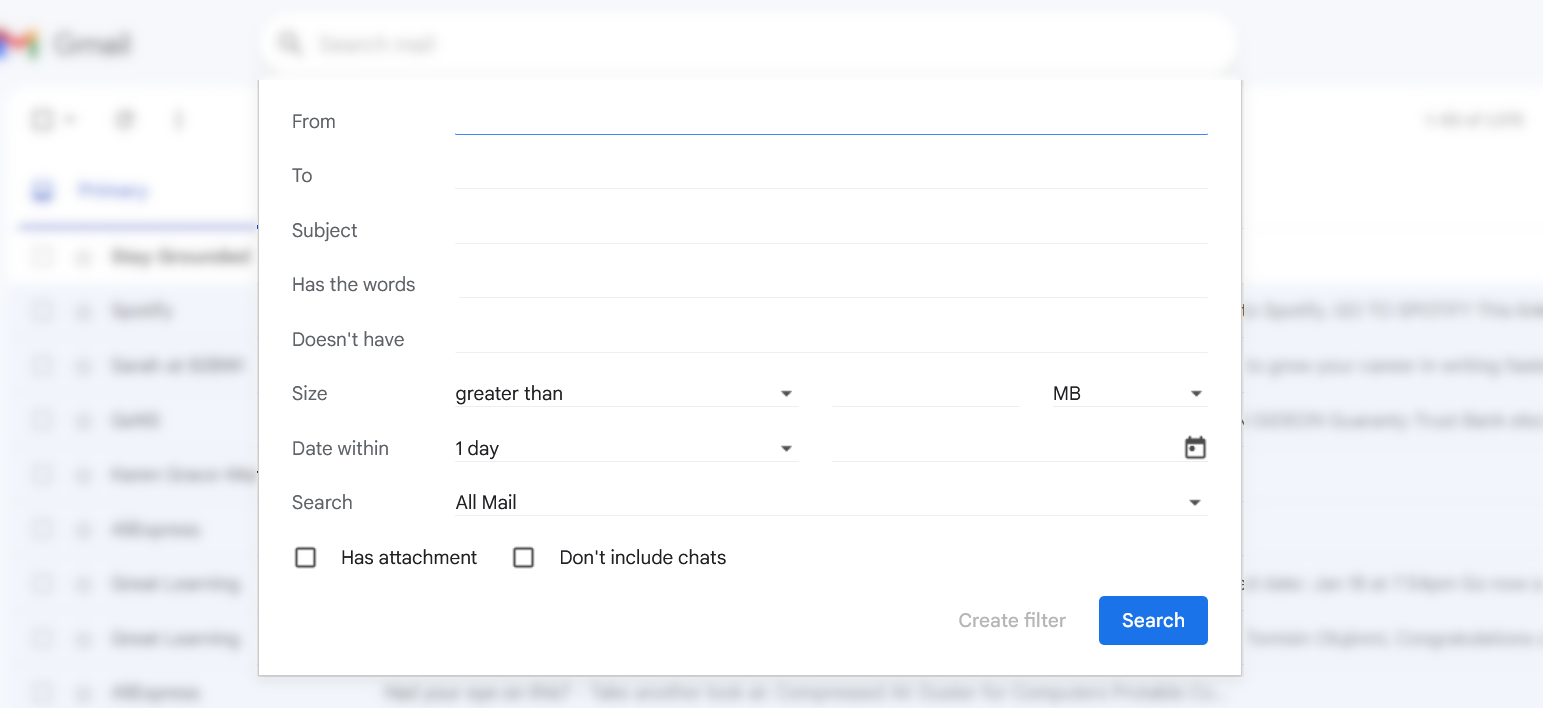 Meniul de opțiuni de căutare filtru Gmail