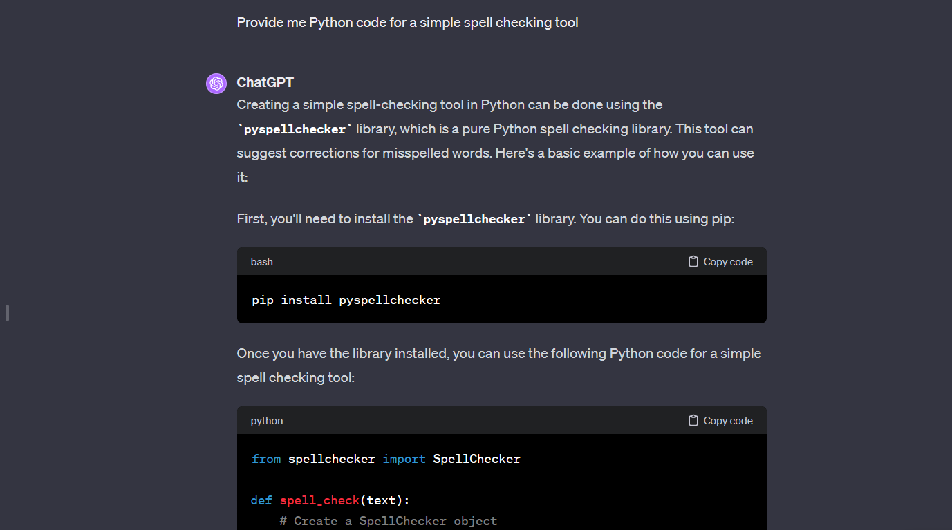 Captură de ecran a răspunsului la extrasul de cod python ChatGPT în browserul desktop