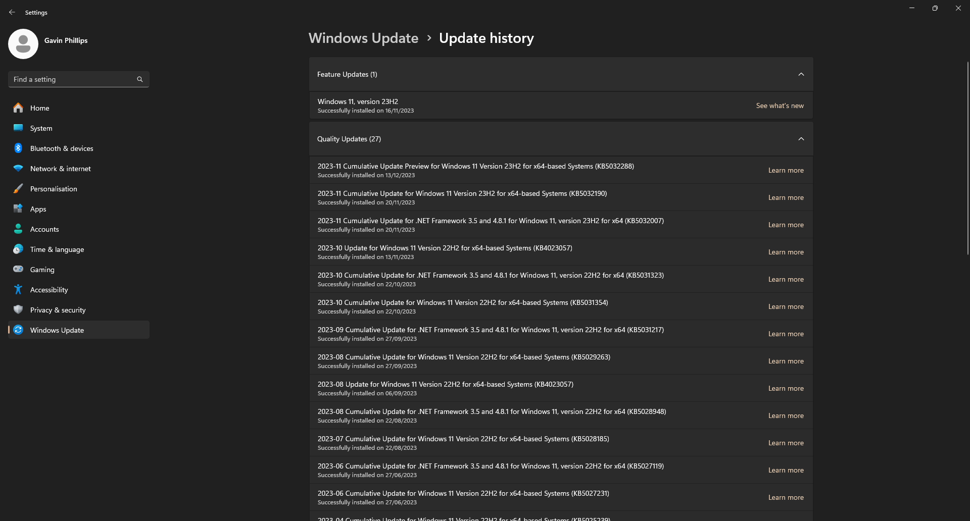 how to view windows 11 update history