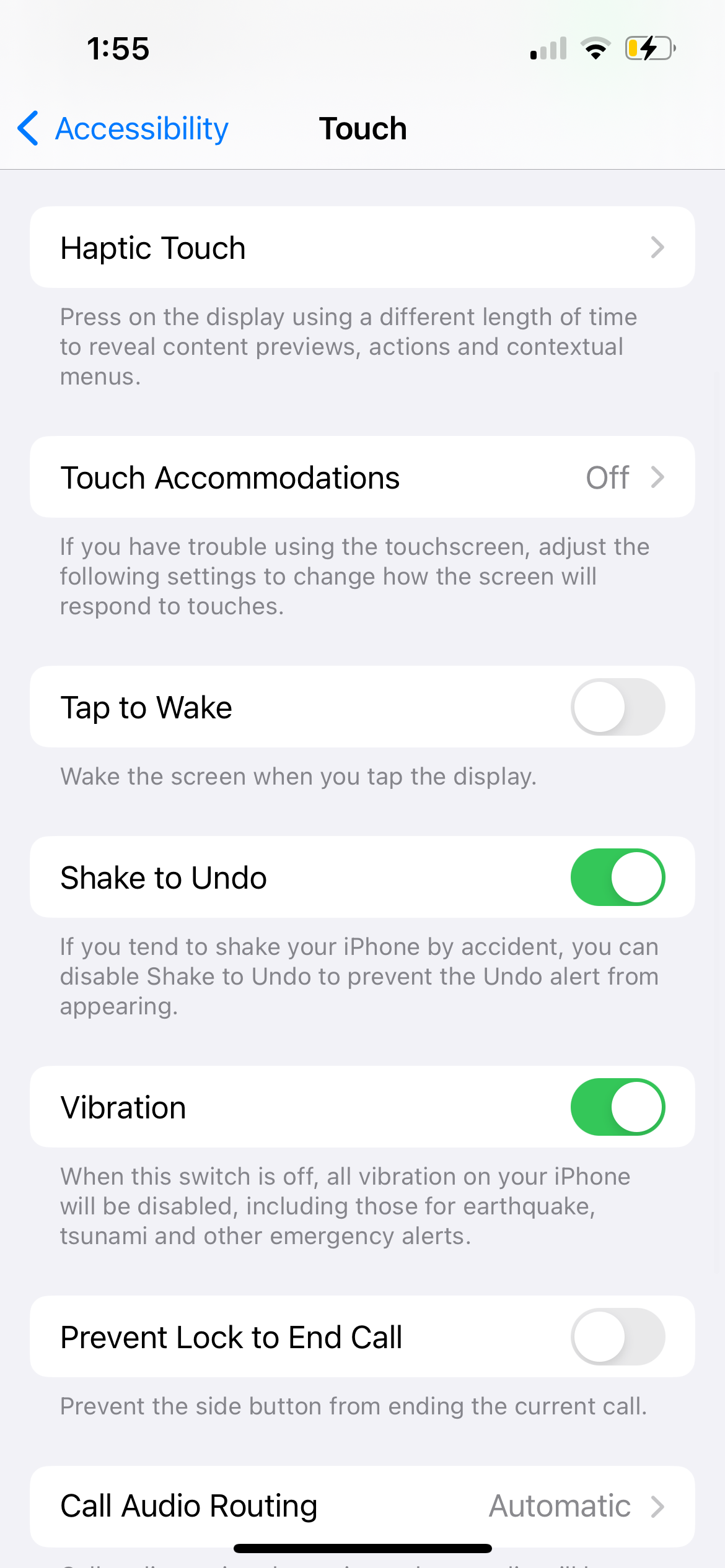 Vibration is turned on in the iPhone's touch accessibility settings