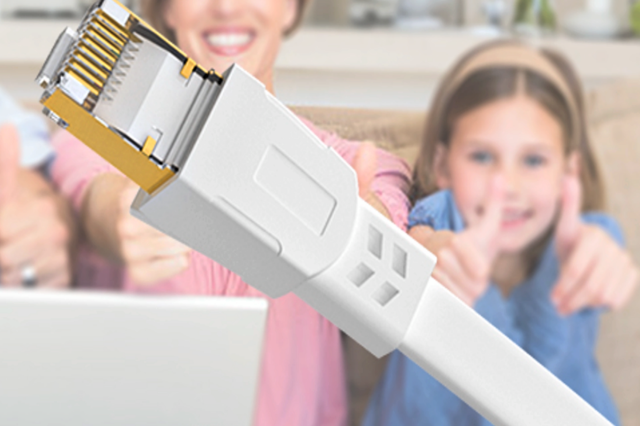 A Jadaol Cat 8 Ethernet Cable with a family in the background giving the thumbs up.