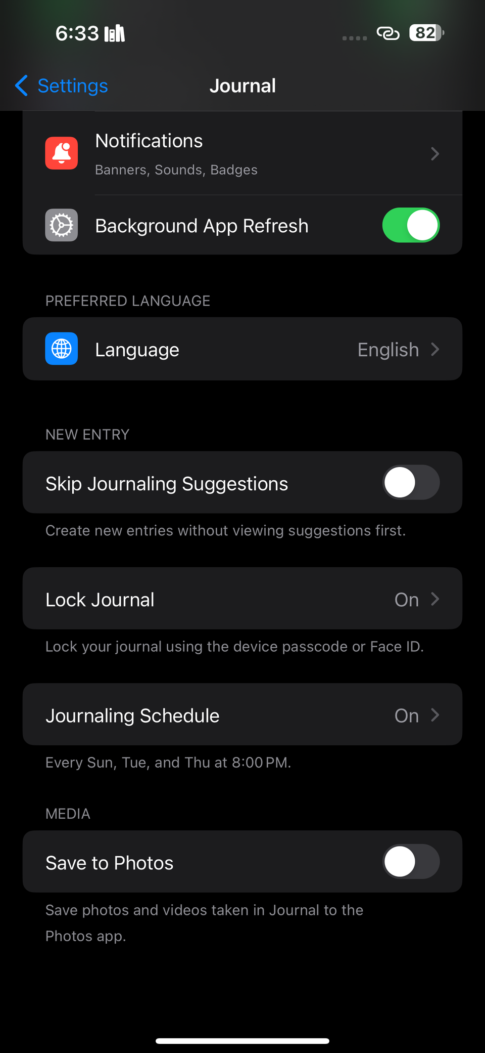 journal settings on iPhone