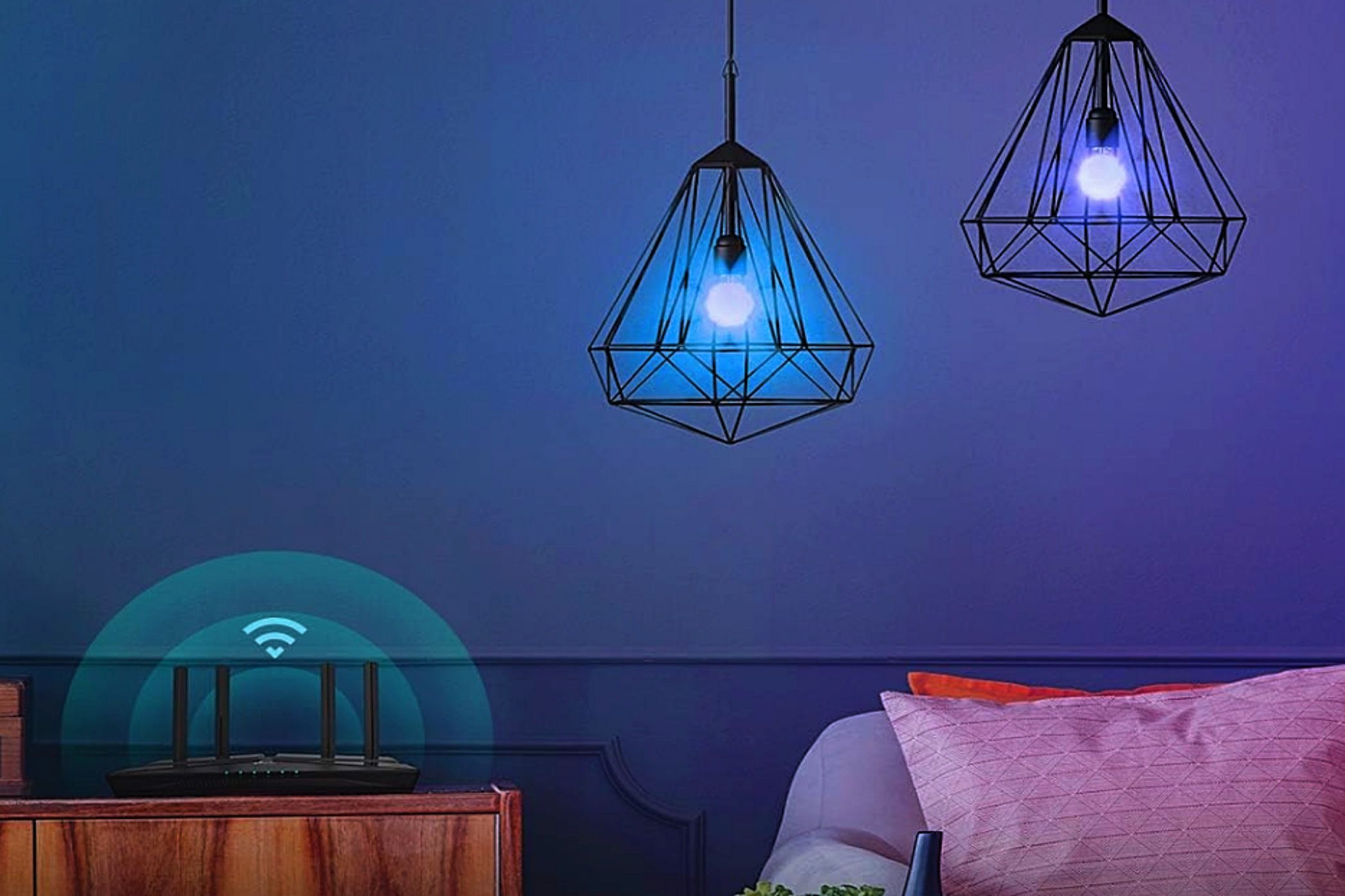 Blue and purple Kasa Smart Light Bulbs connected to a Wi-Fi router