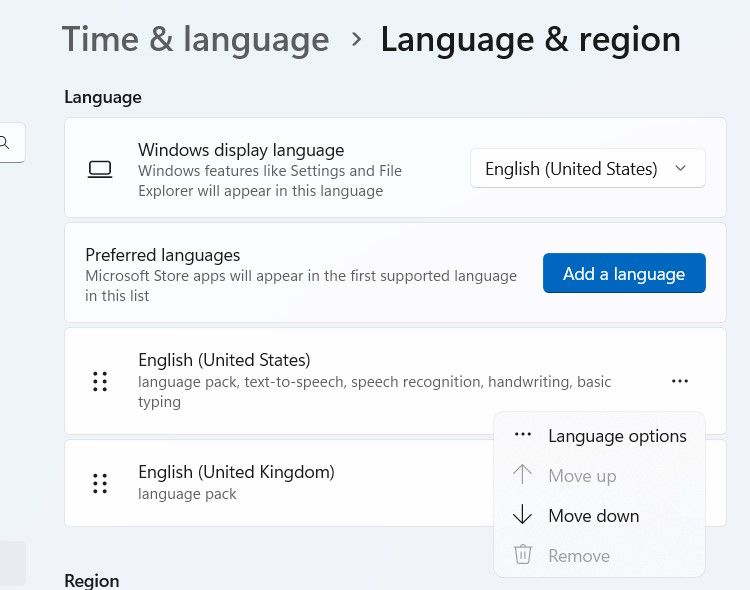 The Language Options on Windows 11