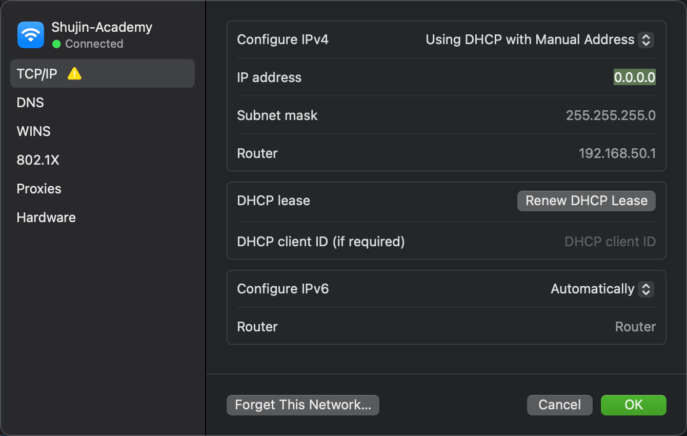Mac set DHCP with Manual Address