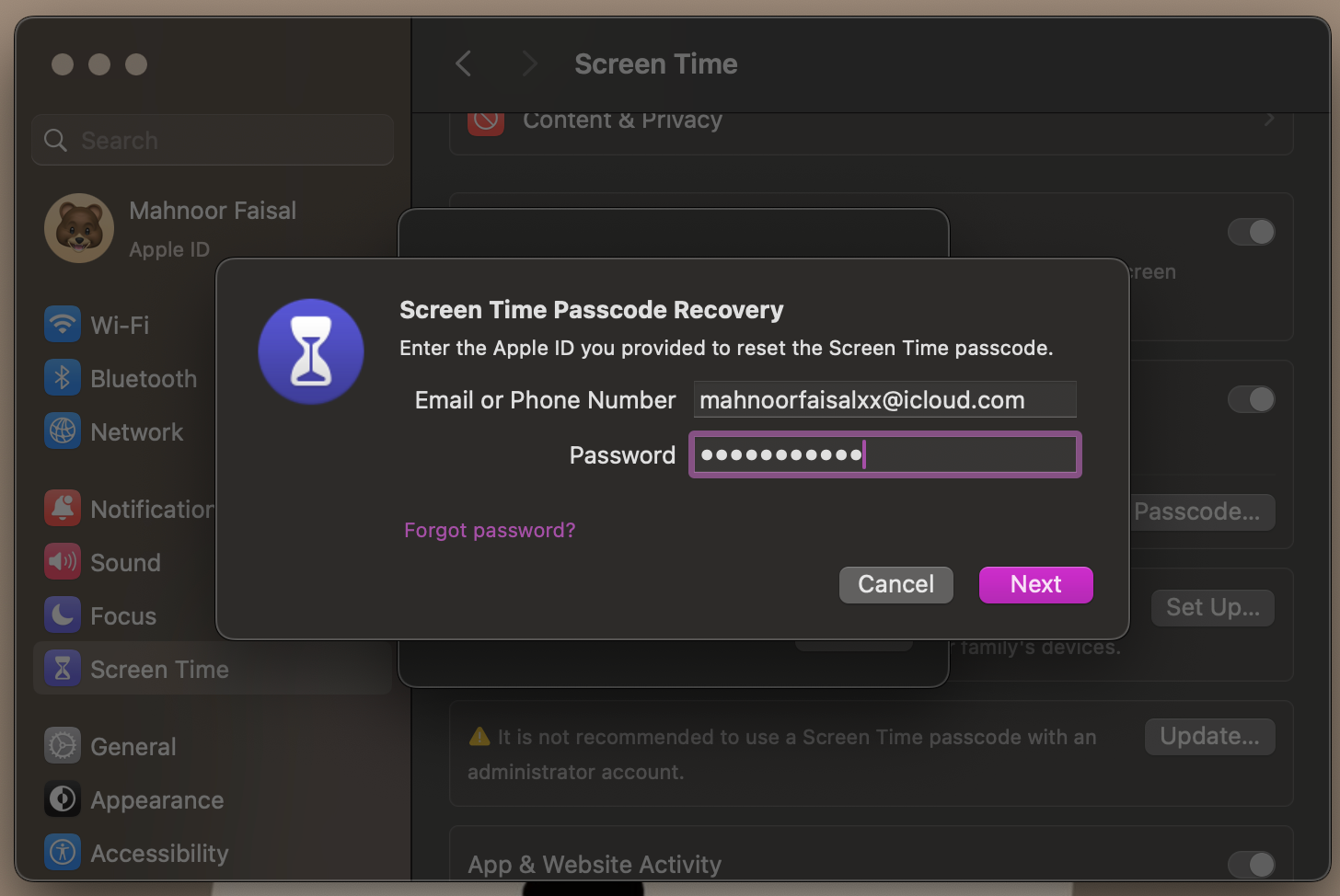 Mac Screen Time passcode recovery screen