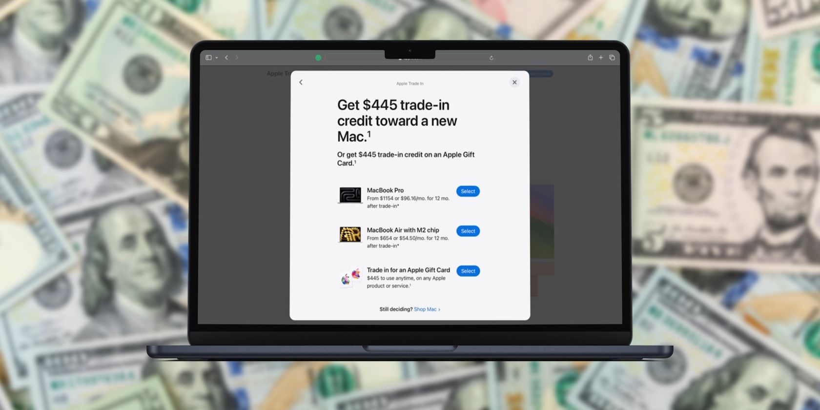 MacBook showing Apple Trade In credit with US currency in the background