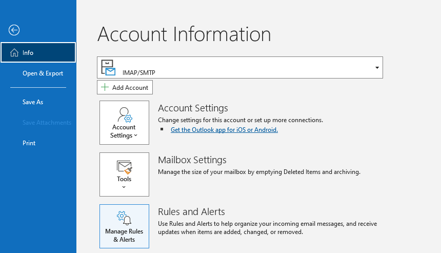 Manage Rules & Alerts option in Outlook.