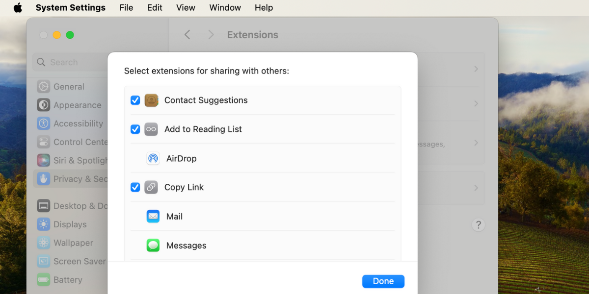 share menu extensions settings on mac