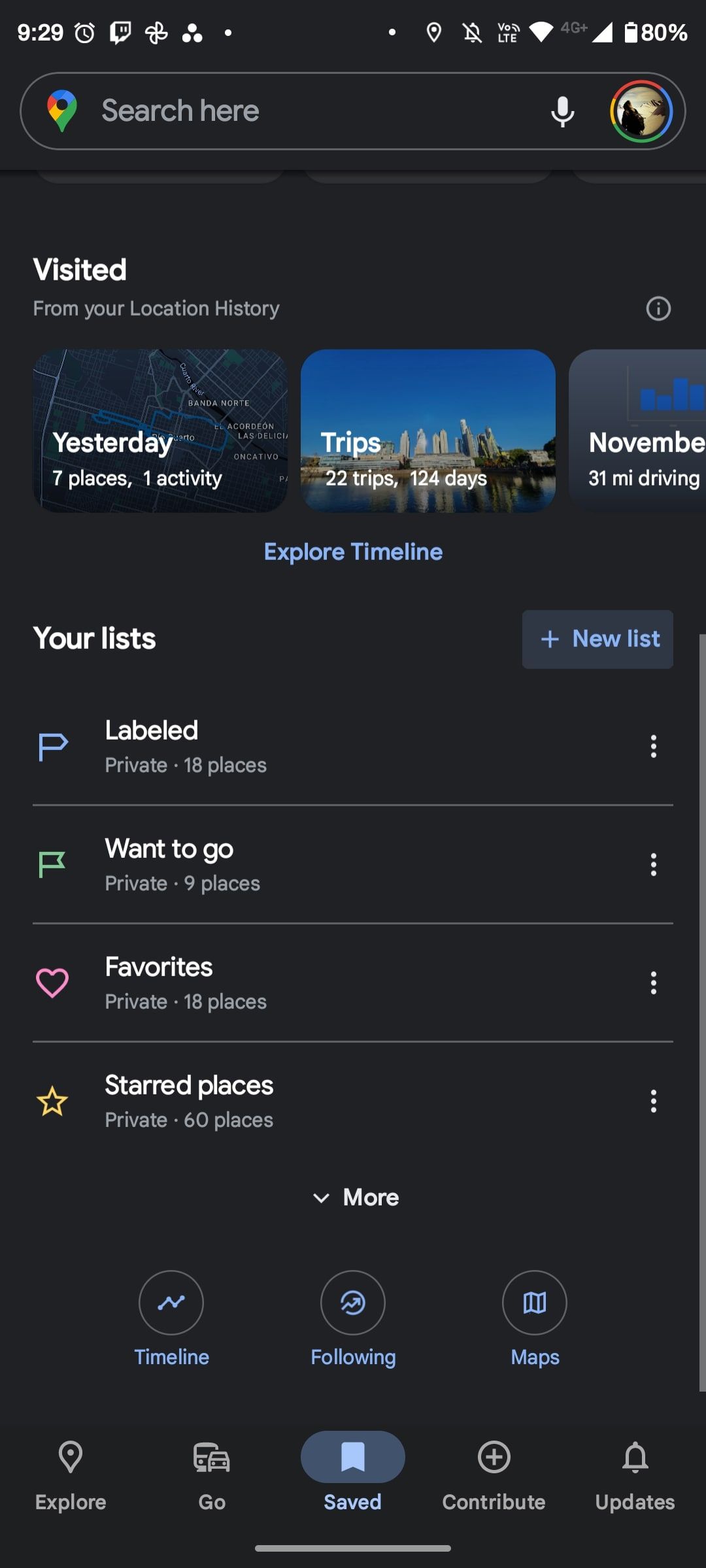 Saved tab in Google Maps showing Your lists