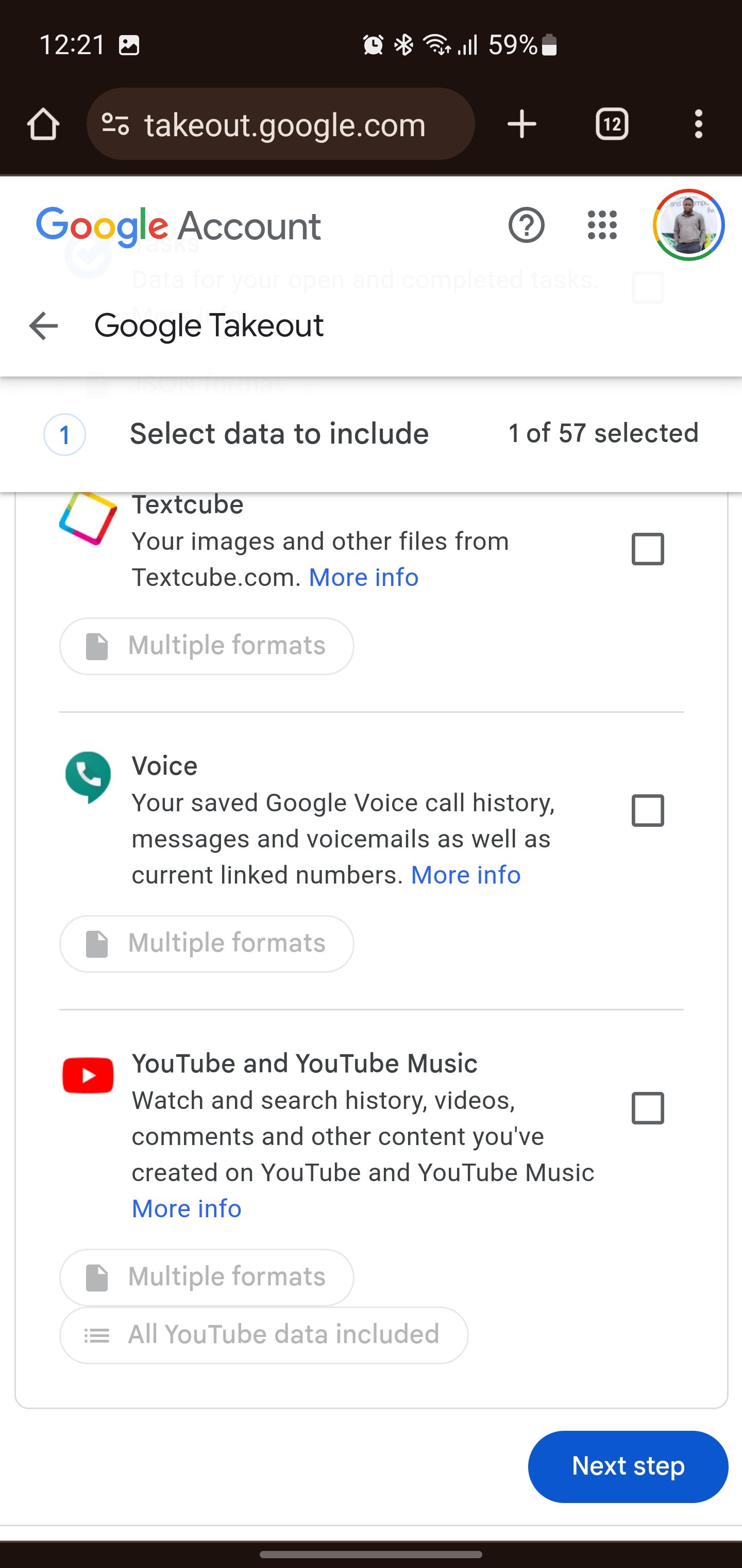Next step button in Google Takeout