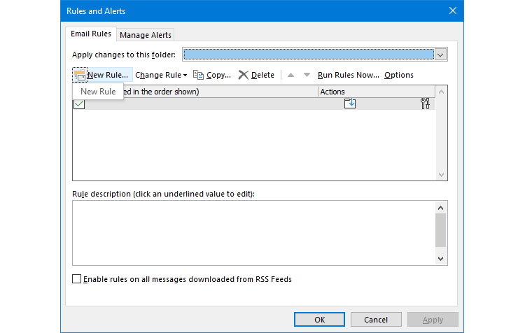 Outlook Rules and Alerts with New Rule selected.
