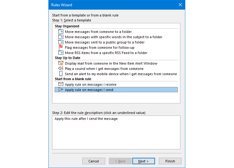 Outlook Rules Wizard with 'Apply rule on messages I send' selected.
