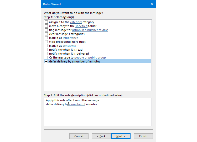 Outlook Rules Wizard with 'defer delivery by a number of minutes' selected.