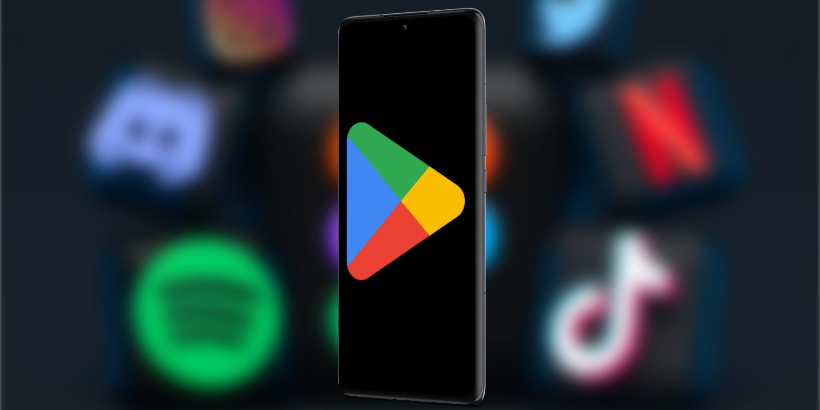 Play Store logo on an Android phone with app icons in the background