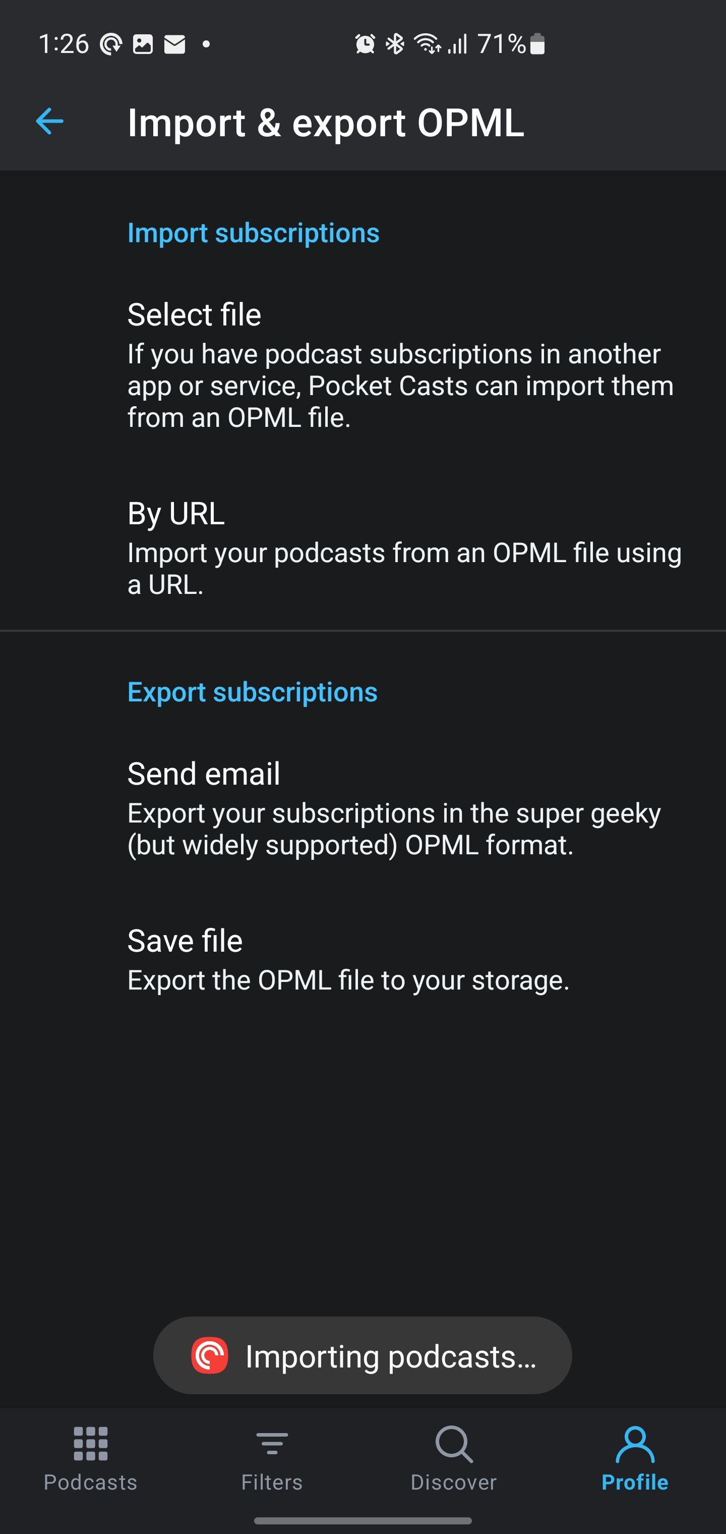 Pocket Casts importing subscriptions from OPML file