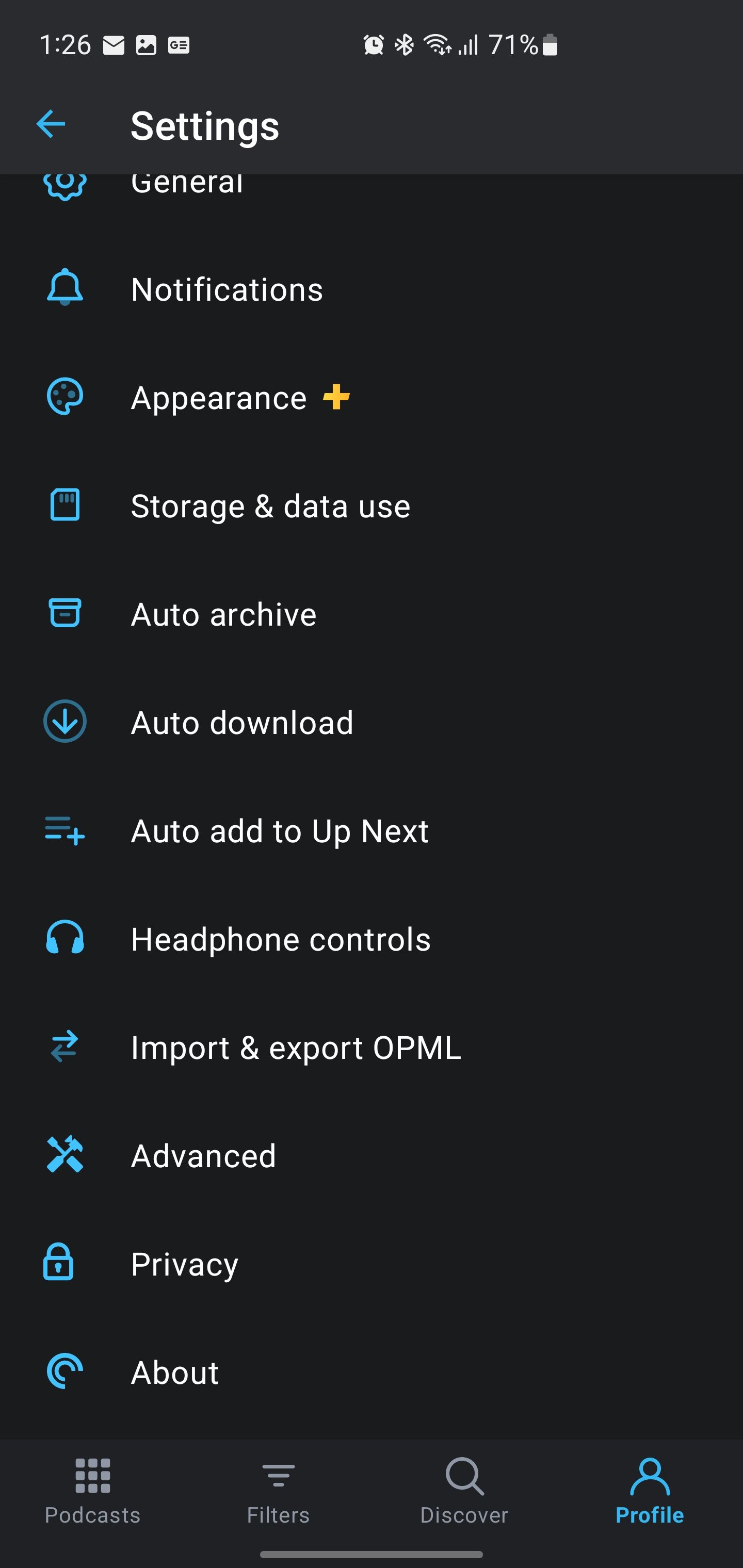 Pocket Casts Settings menu