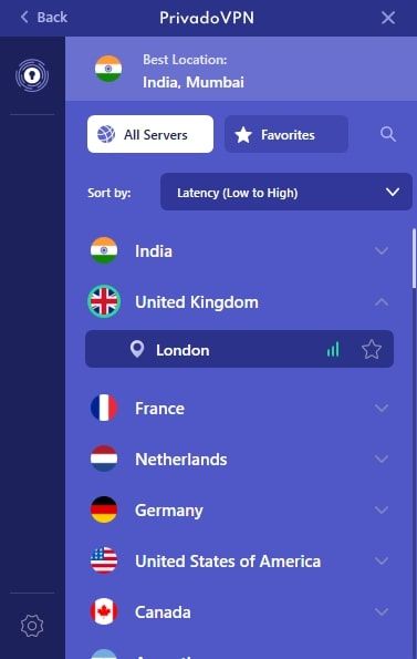 screenshot of privadovpn app server list page