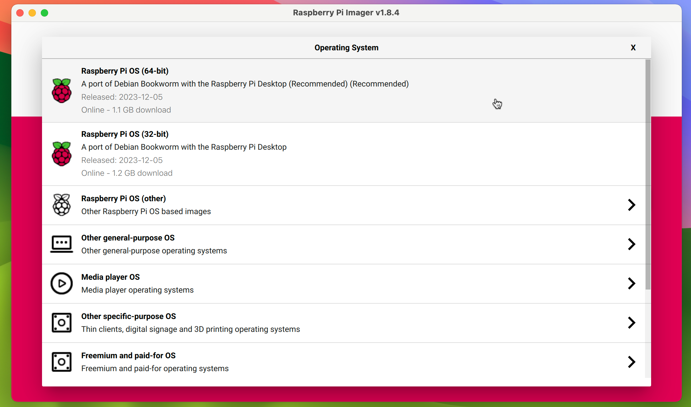 Raspberry Pi Imager منوی سیستم عامل را انتخاب کنید