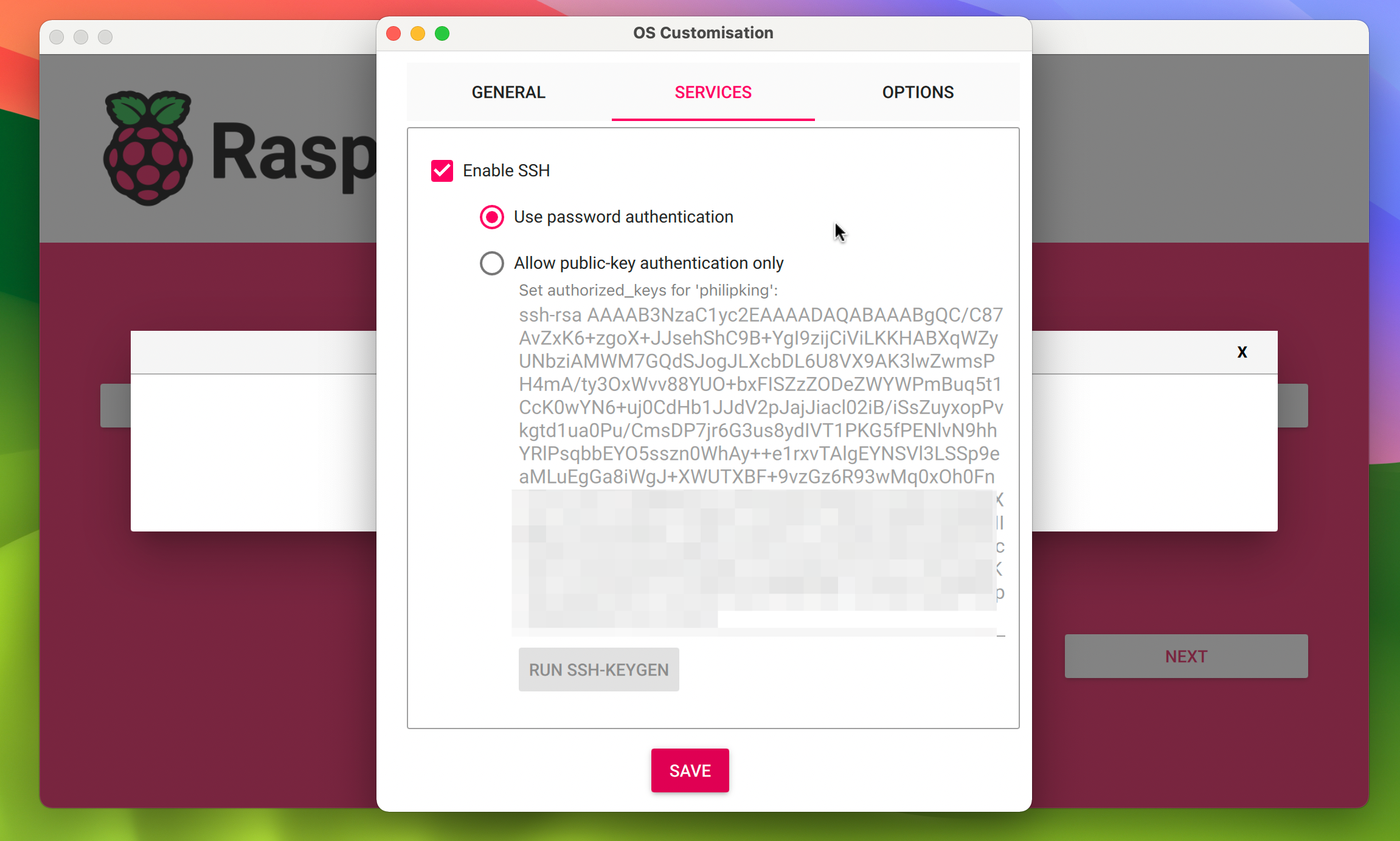 گزینه های Raspberry Pi Imager SSH