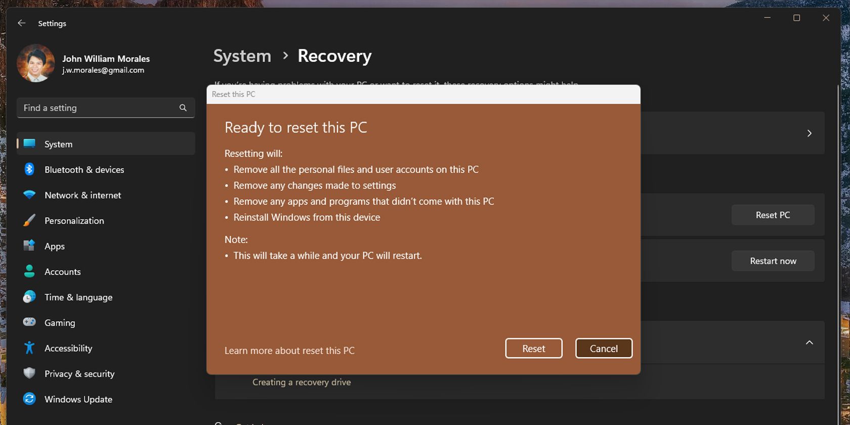 Ready to reset this PC window