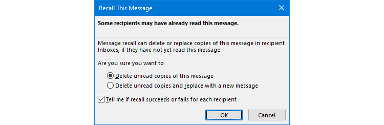 Recall This Message options window in Outlook.