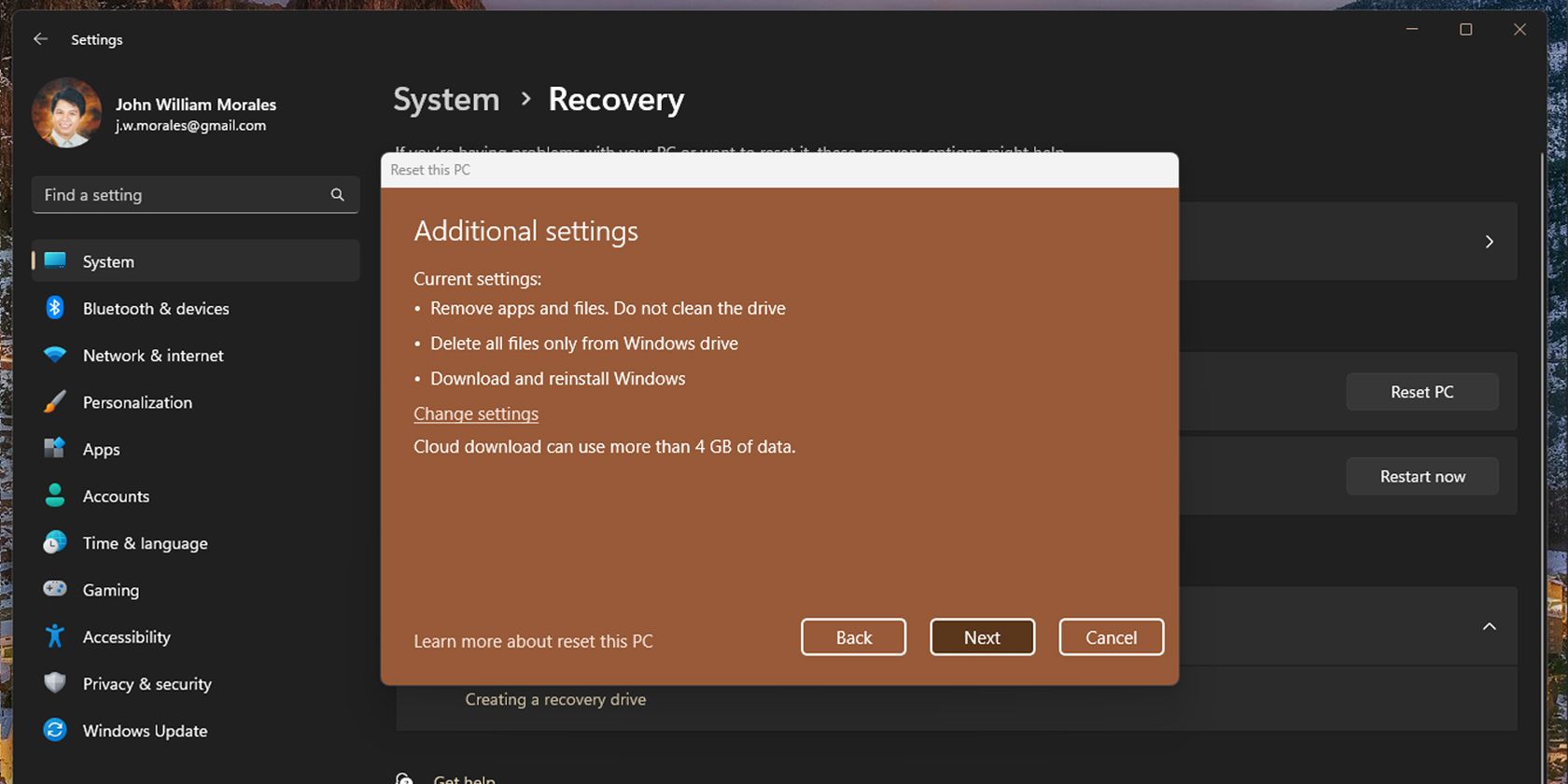 Reset this PC additional settings