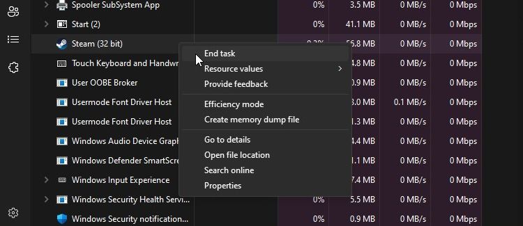 Ending the Steam process via the Task Manager