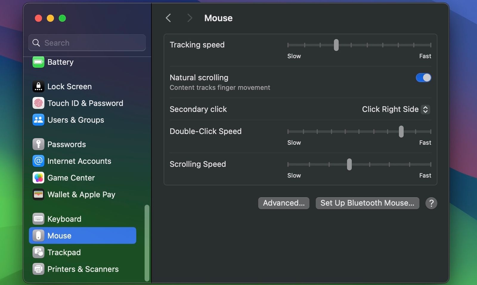 Right-click settings for a mouse in macOS