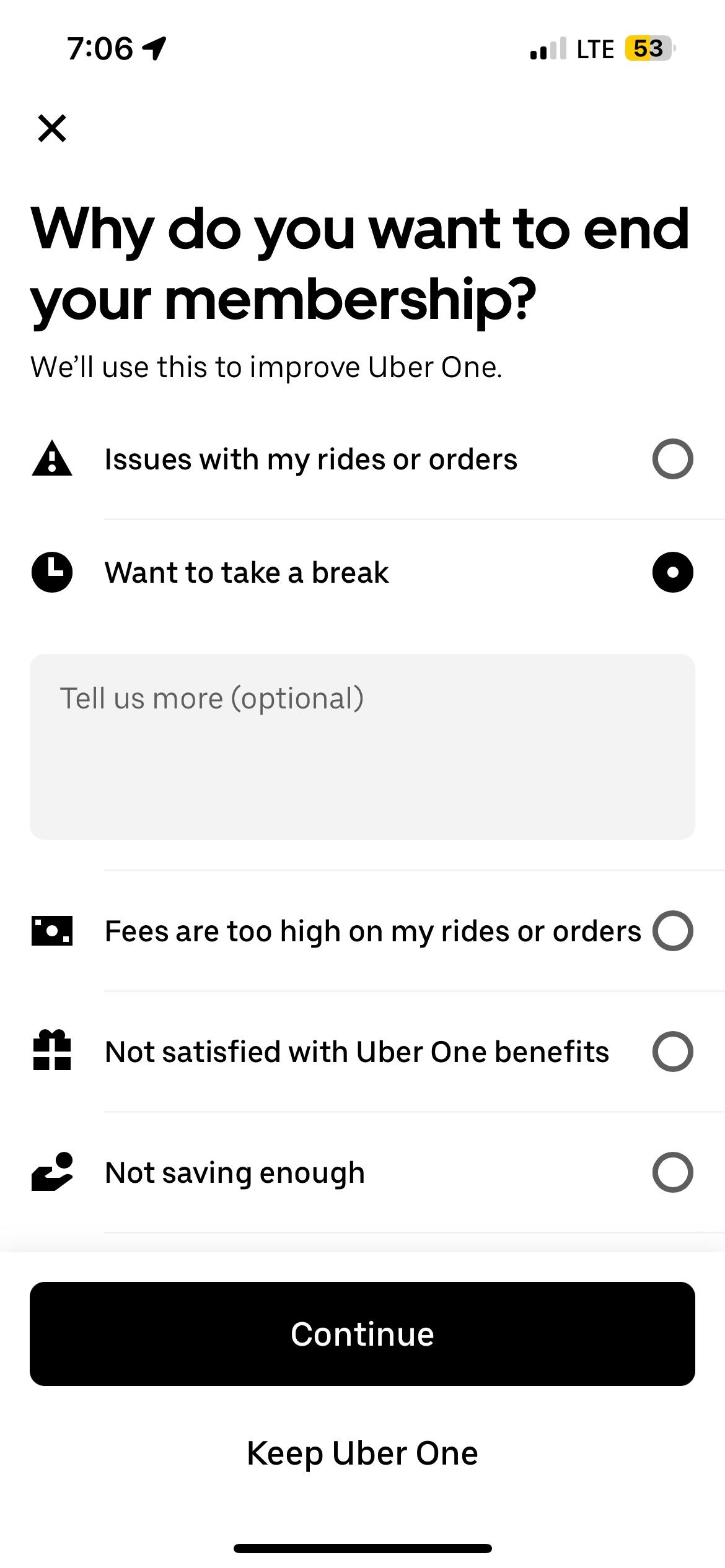 Screen Displaying Reasons Why User Would Like To End Uber One Membership 
