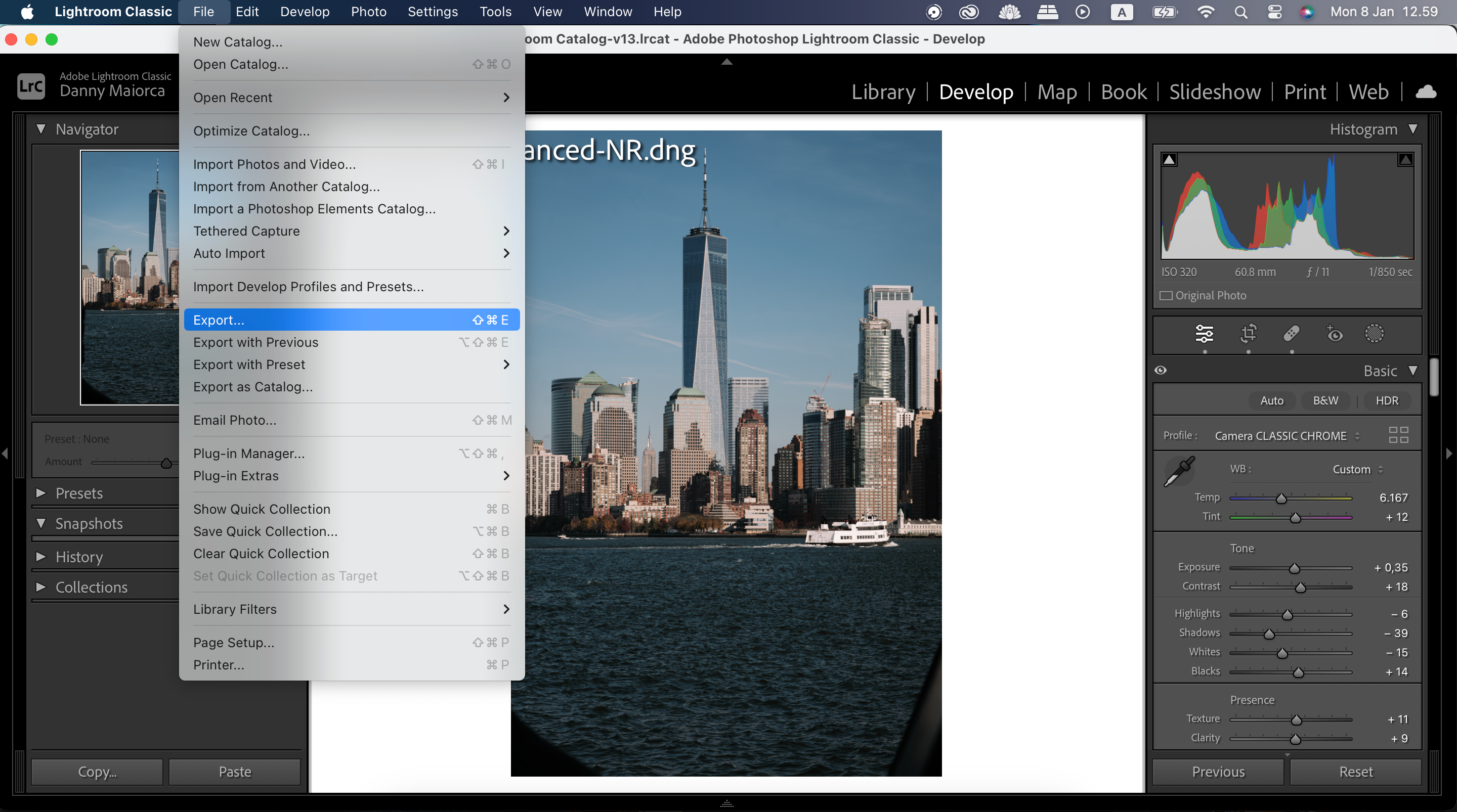 The option to export a file from Adobe Lightroom