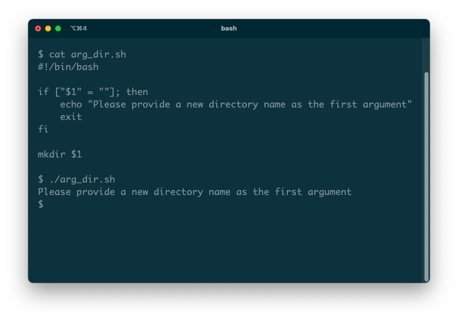 A terminal showing the result of a simple bash script to create a directory