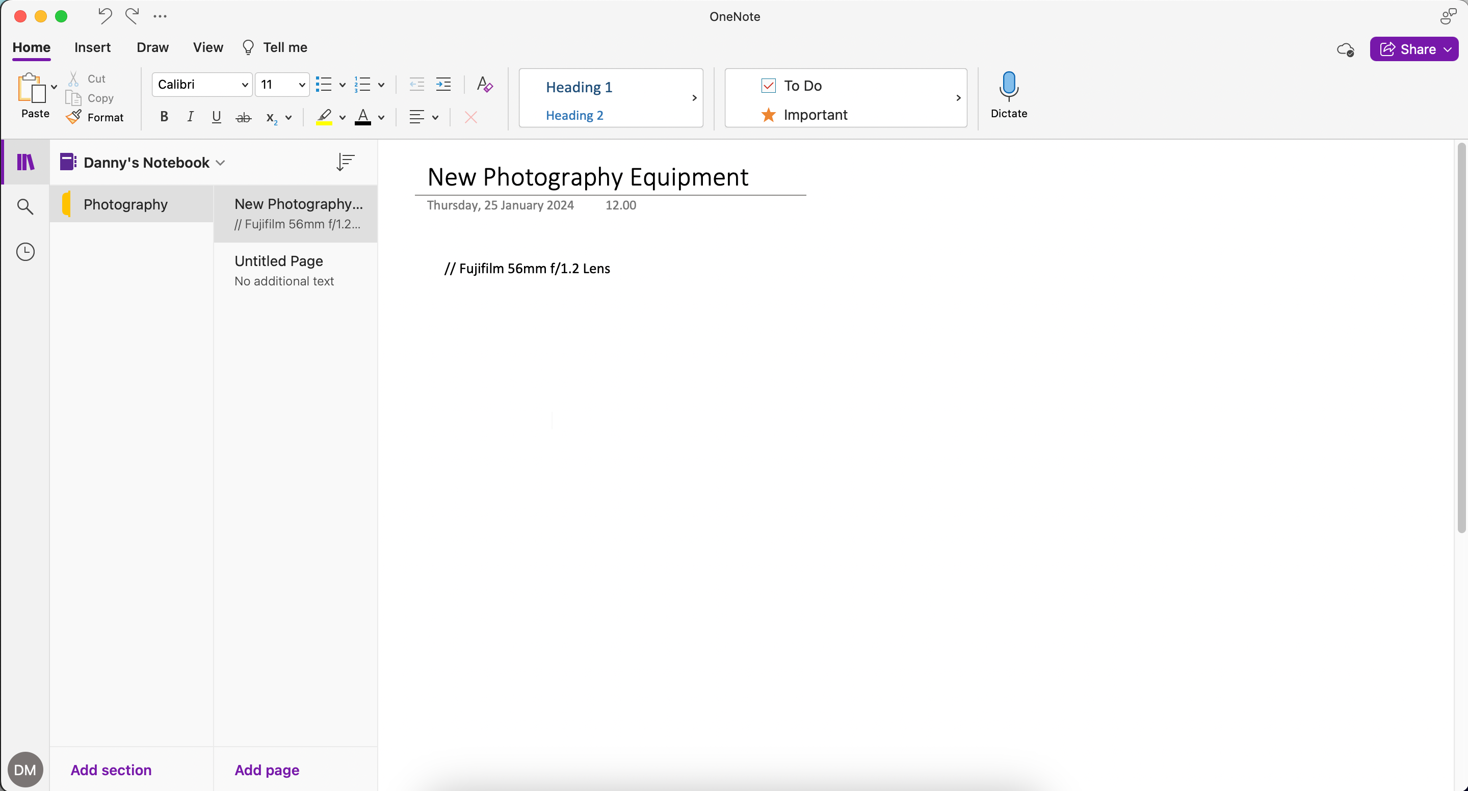 Select the Home Tab in Microsoft OneNote