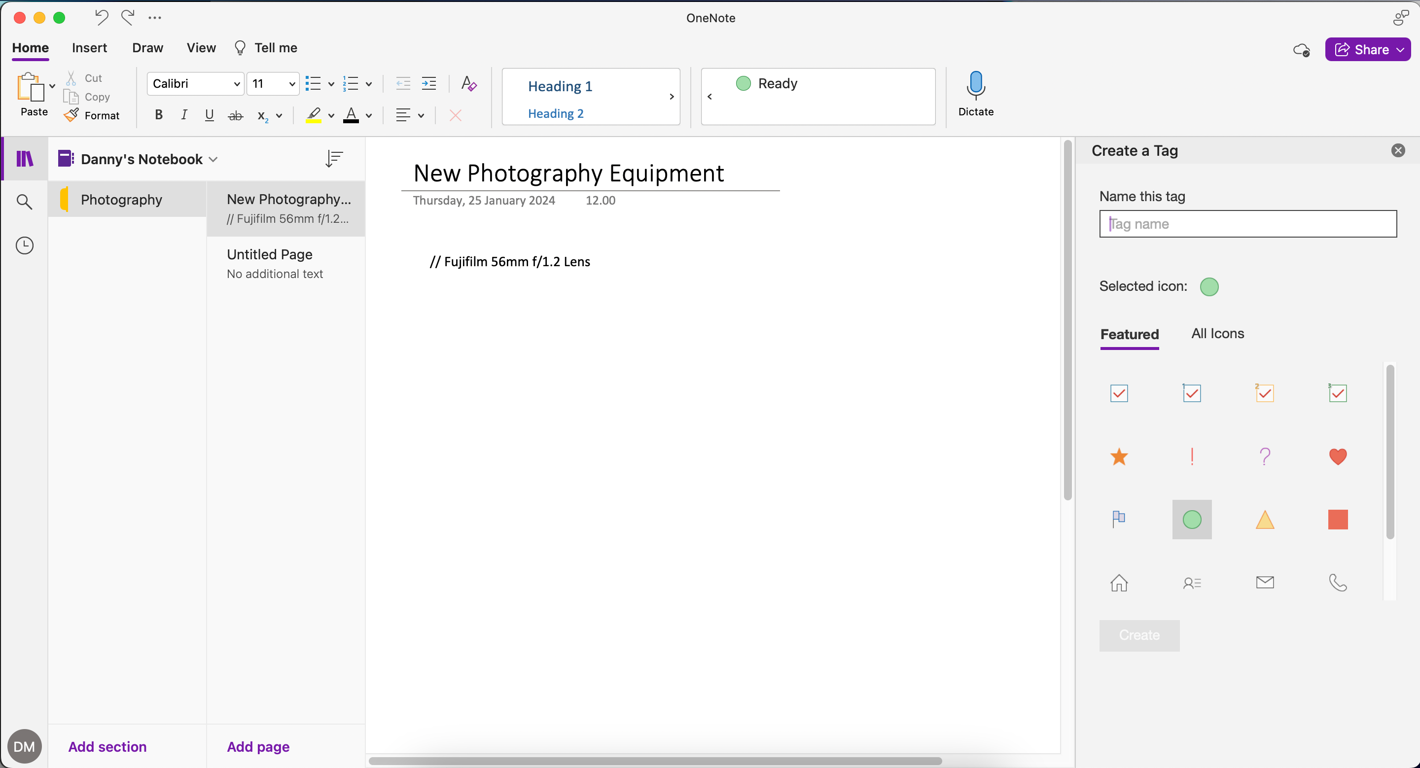 Created tab appearing in OneNote