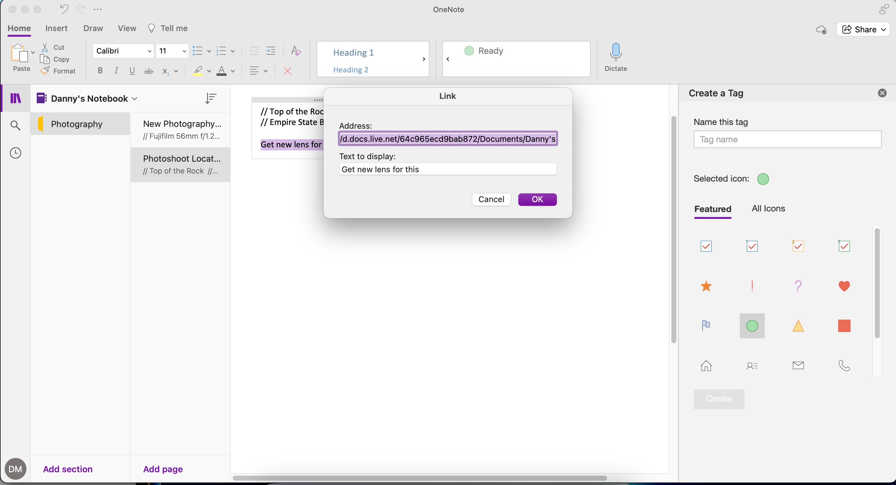 The option to link internally to a page in OneNote