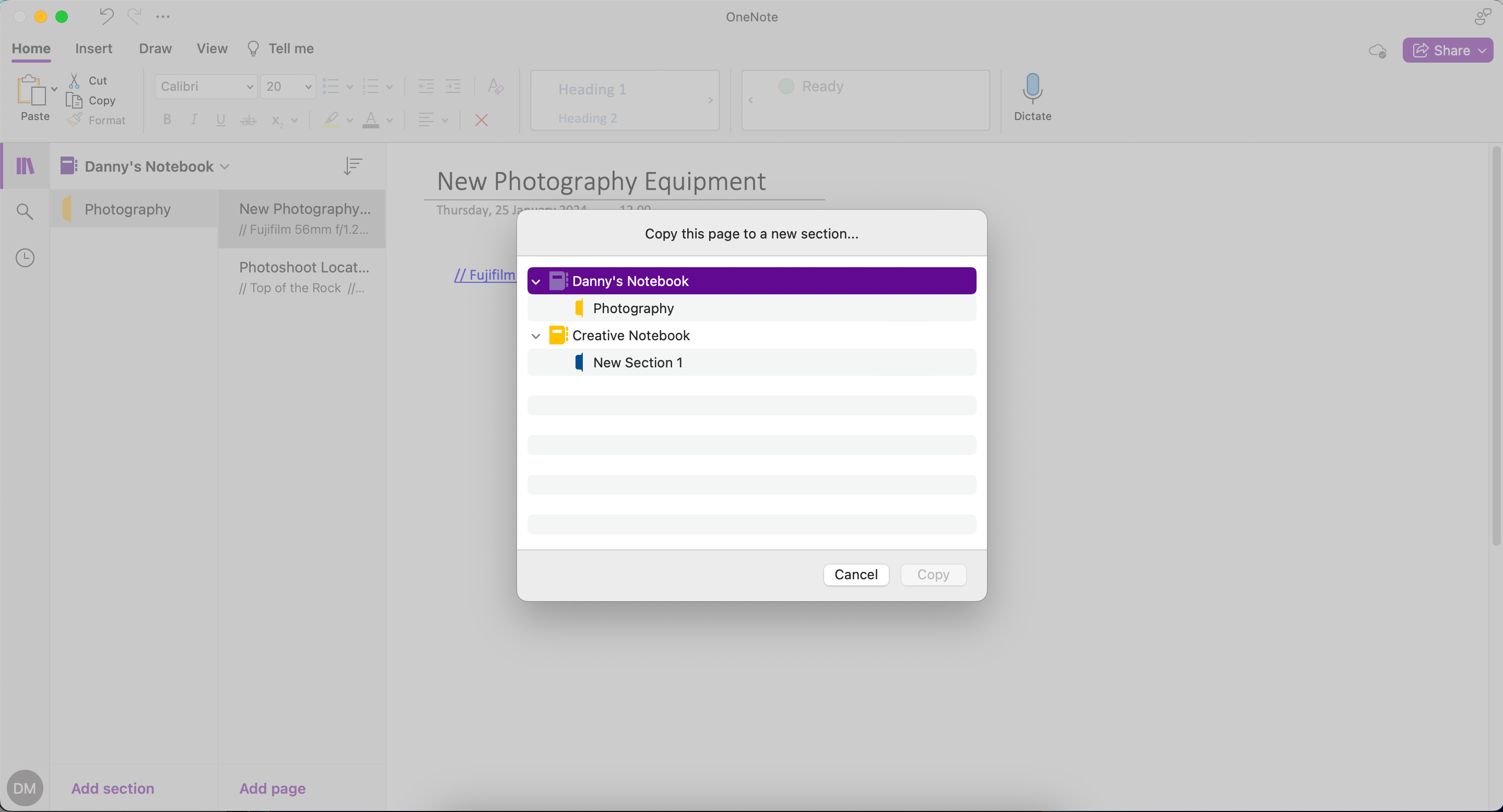 Choose a new notebook to share your pages to in OneNote