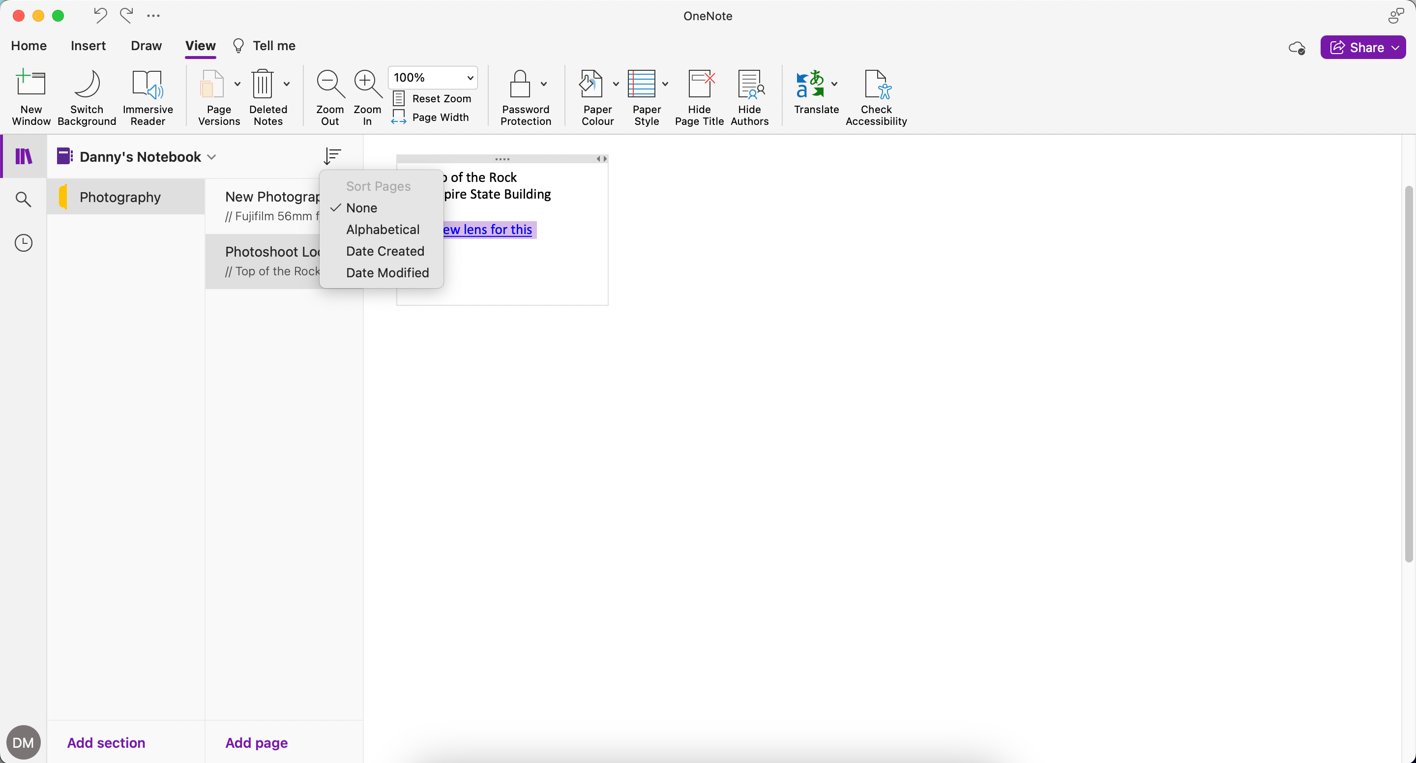 Adjust different page views in Microsoft OneNote