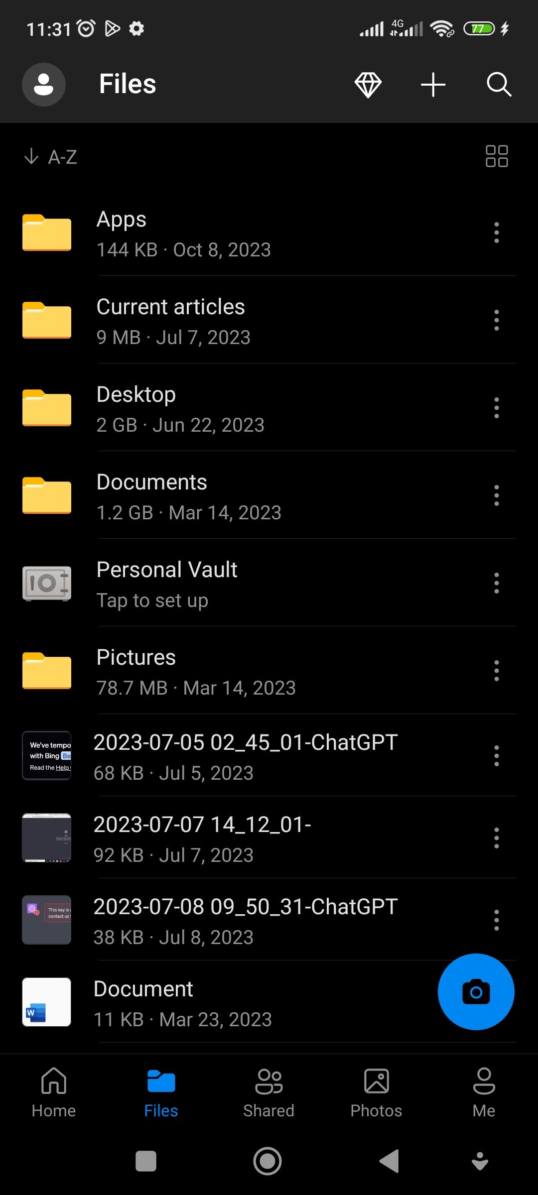 اسکرین شات برنامه OneDrive با اسناد