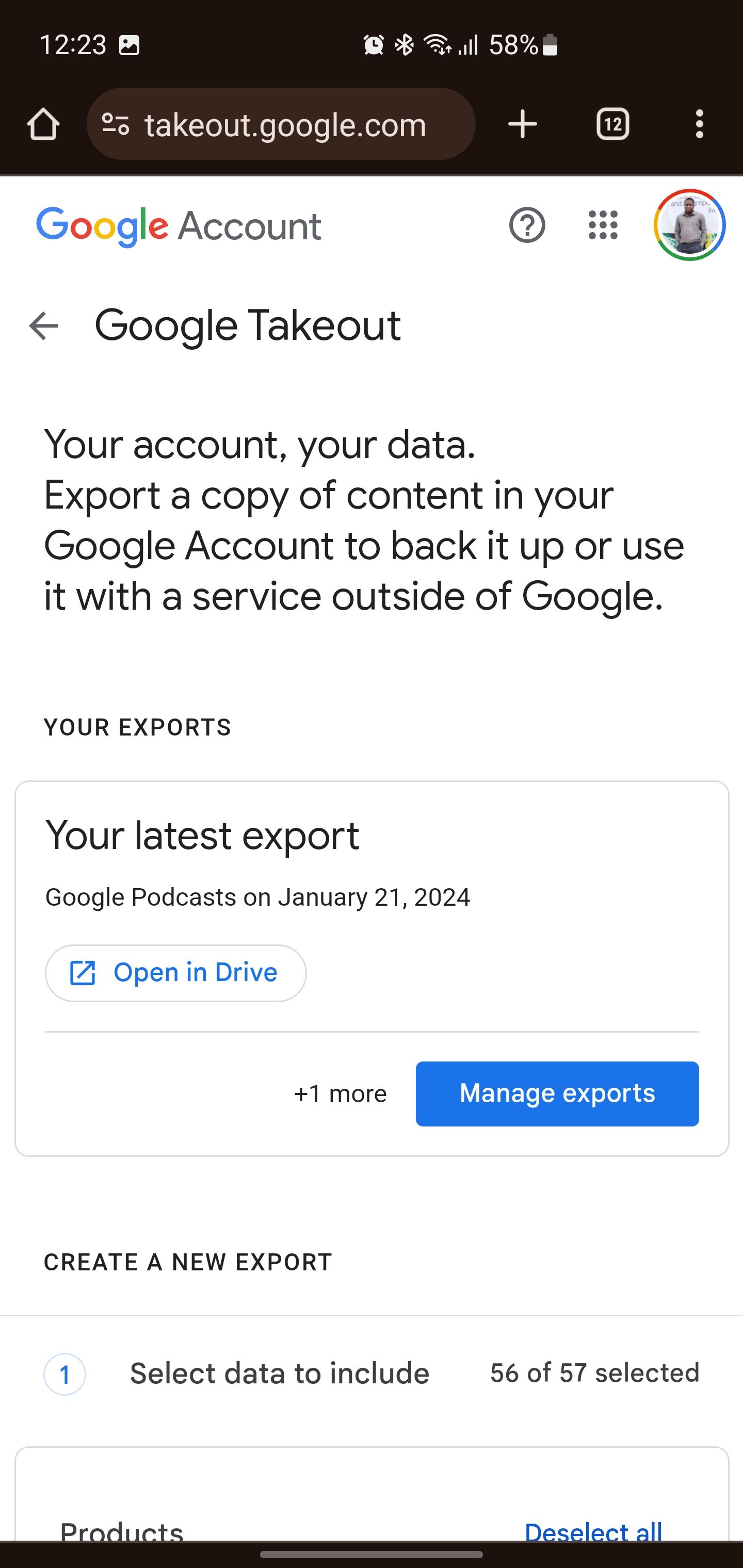 Screenshot of Open in Drive button in Google Takeout