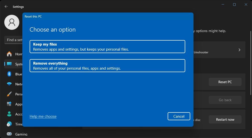 screenshot of windows 11 reset options