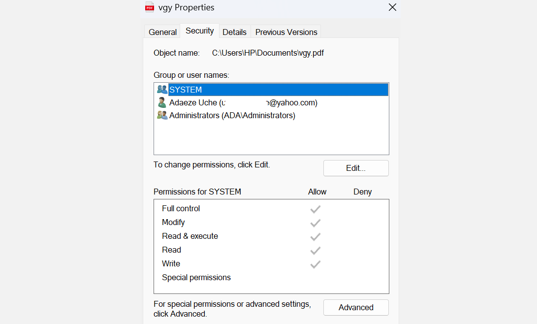 Security tab in the Properties tab of a file in Windows