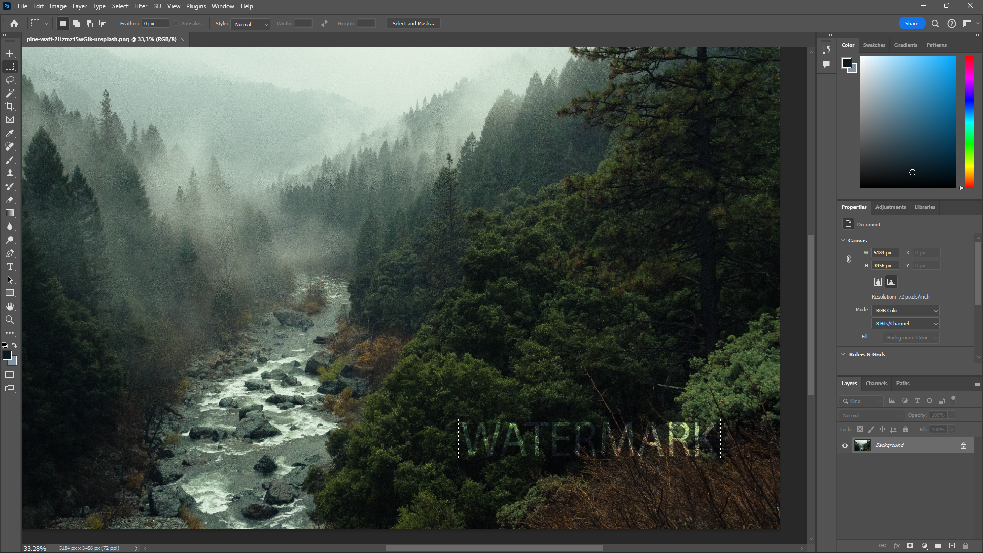 Selecting a Watermark With the Rectangular Marquee Tool in Photoshop