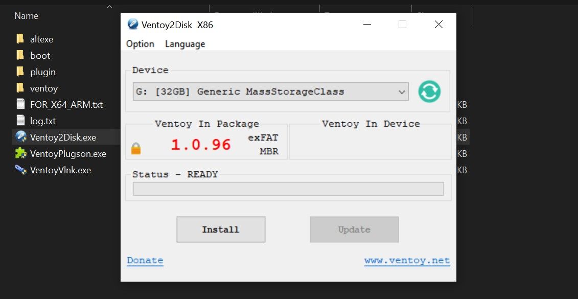 Card SD selectat pentru a instala Ventoy