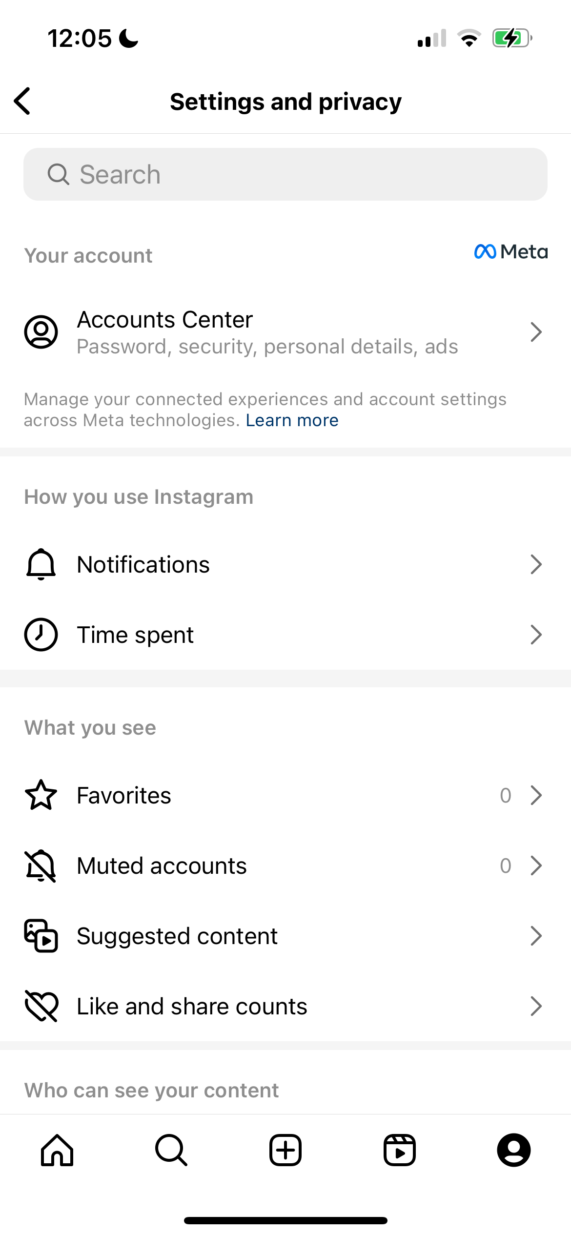 The list of settings in Settings and Privacy on Instagram