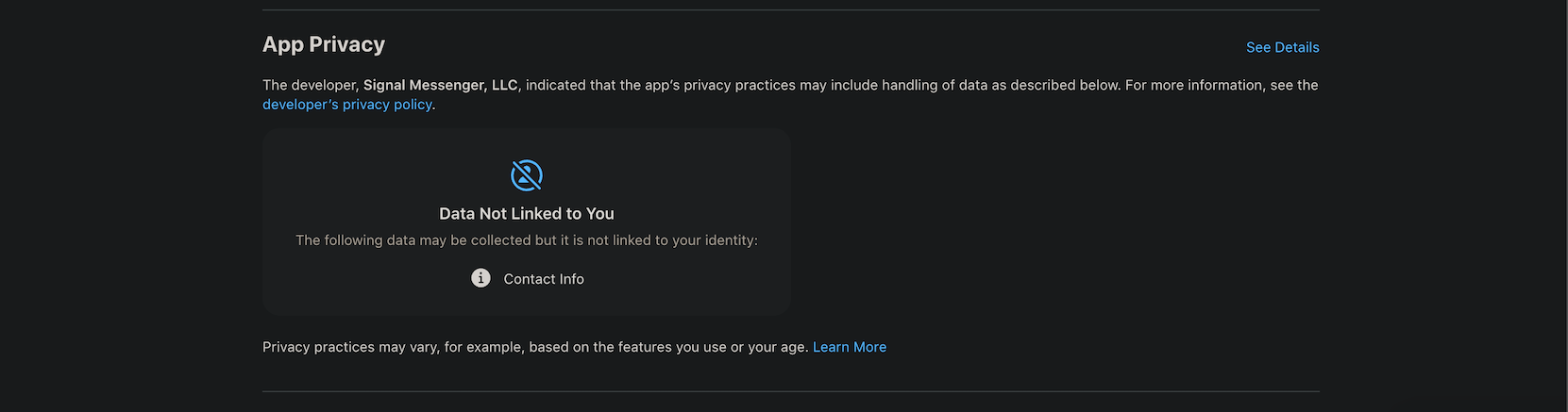 signal app privacy on Apple App Store