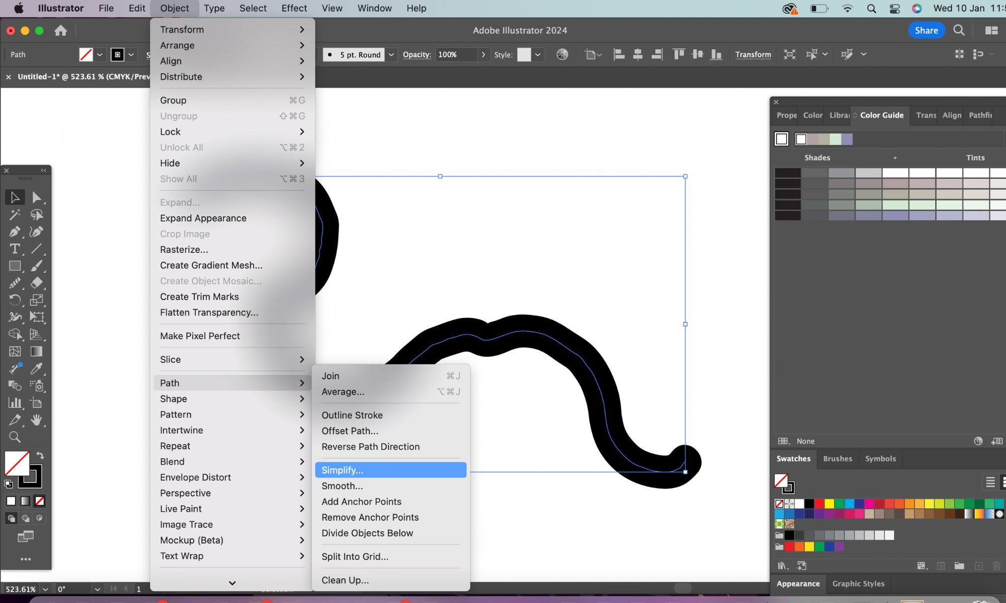 An adobe illustrator screenshot showing the options drop down in front of an unsteady line pathway, leading to the simplify tool.