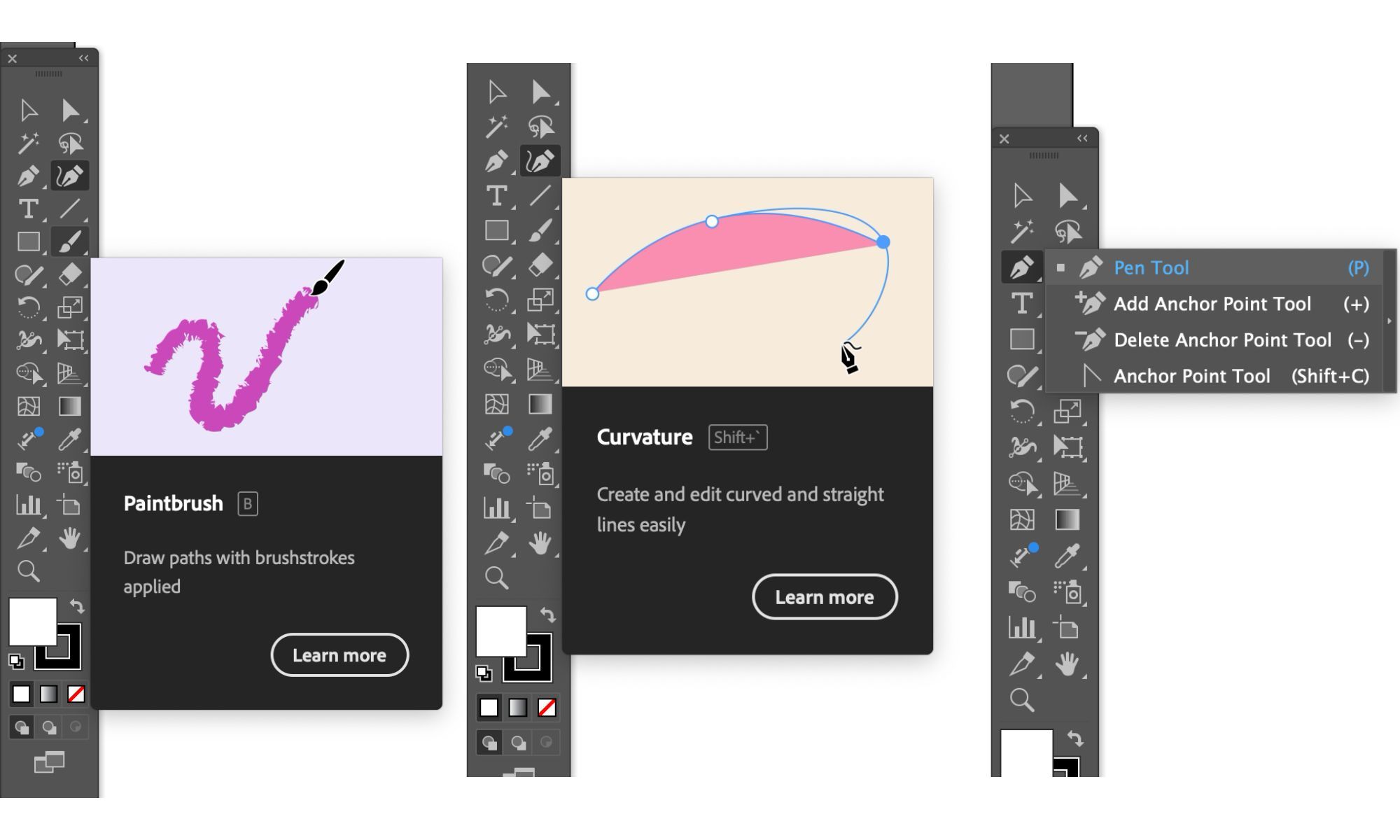 Screenshots of Adobe Illustrator, highlighting the Pen, Curvature and Paintbrush tool in Illustrator