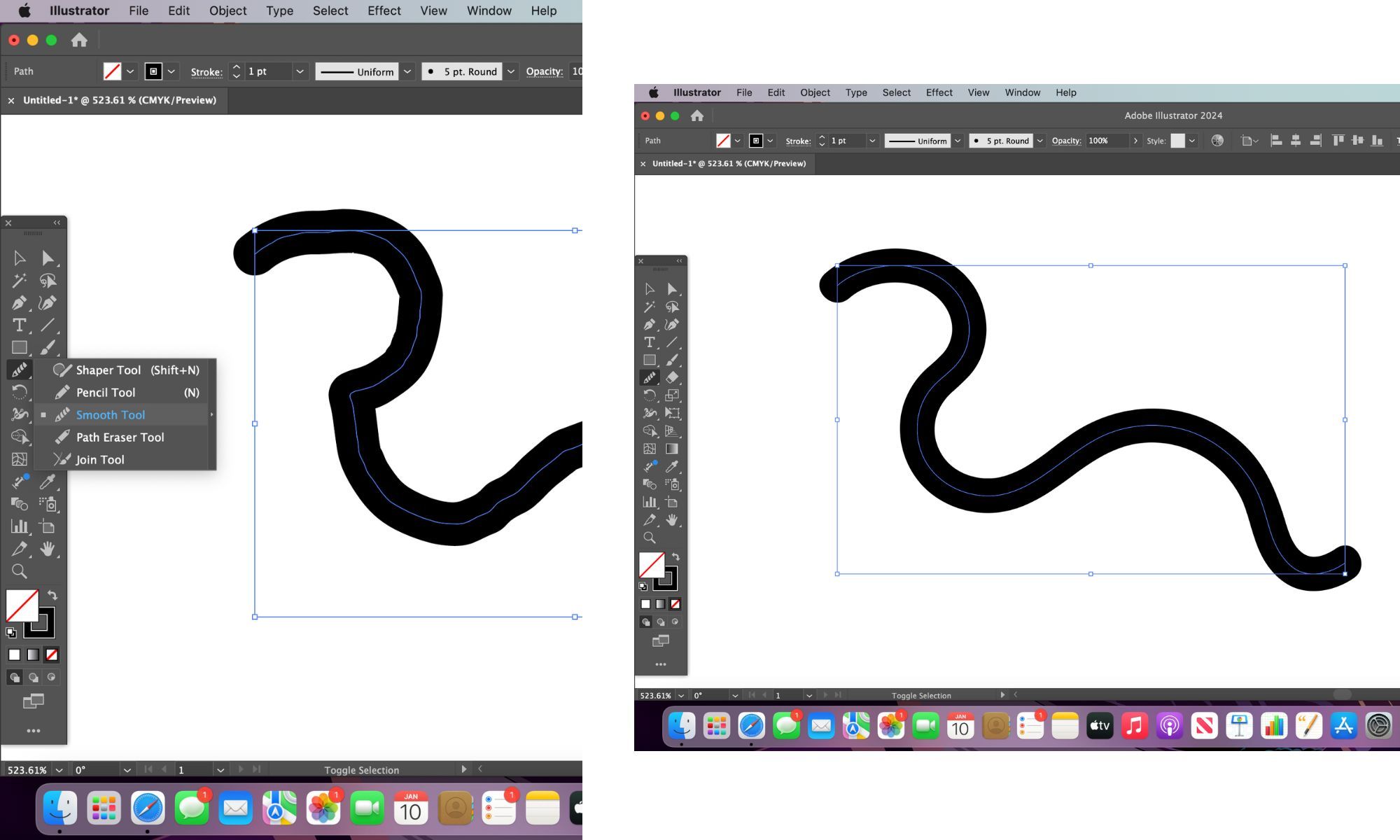 Two adobe Illustrator screenshots, showing a path before and after using the smooth tool. The before is jagged and the after is clear and smooth.
